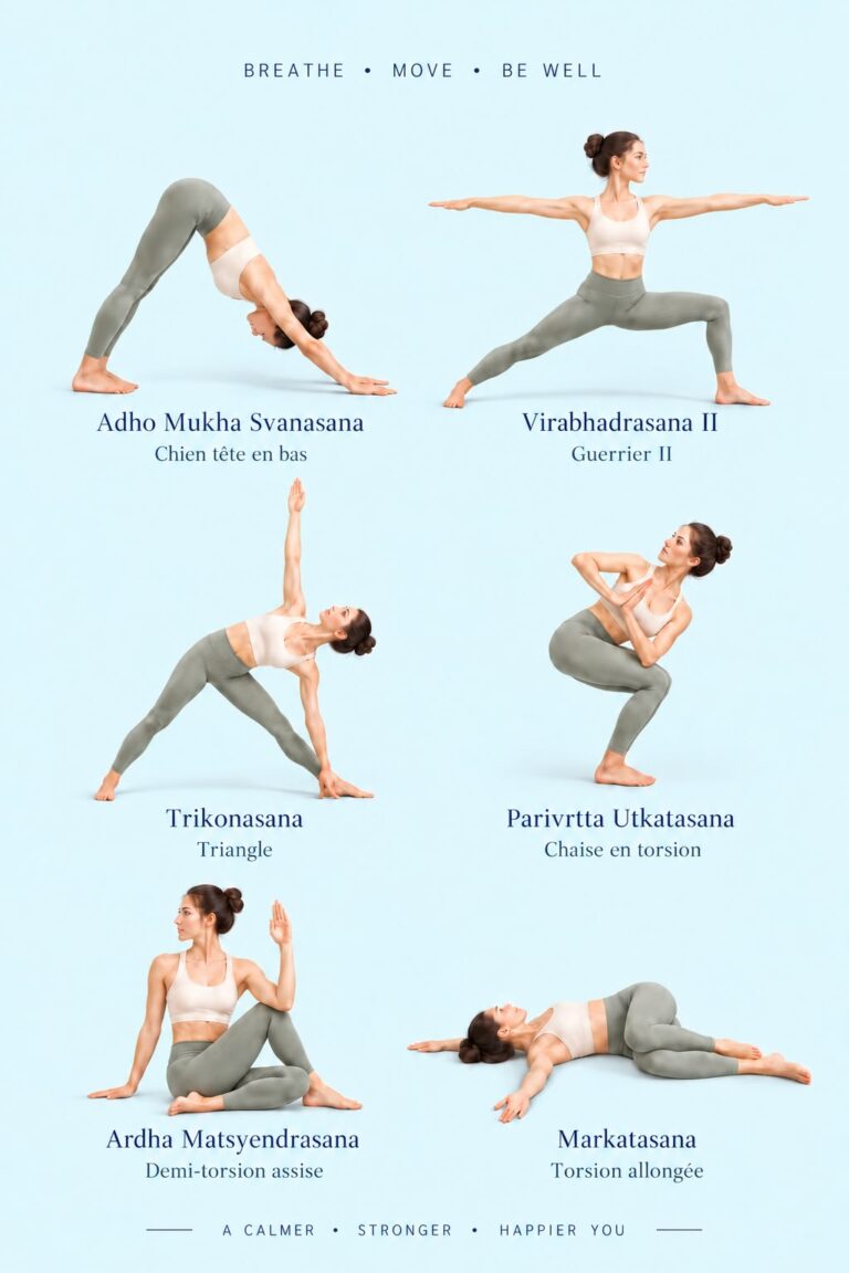 Infographie des six postures de yoga avec leur nom en sanskrit et en français : chien tête en bas, guerrier II, triangle, chaise en torsion, demi-torsion assise et torsion allongée