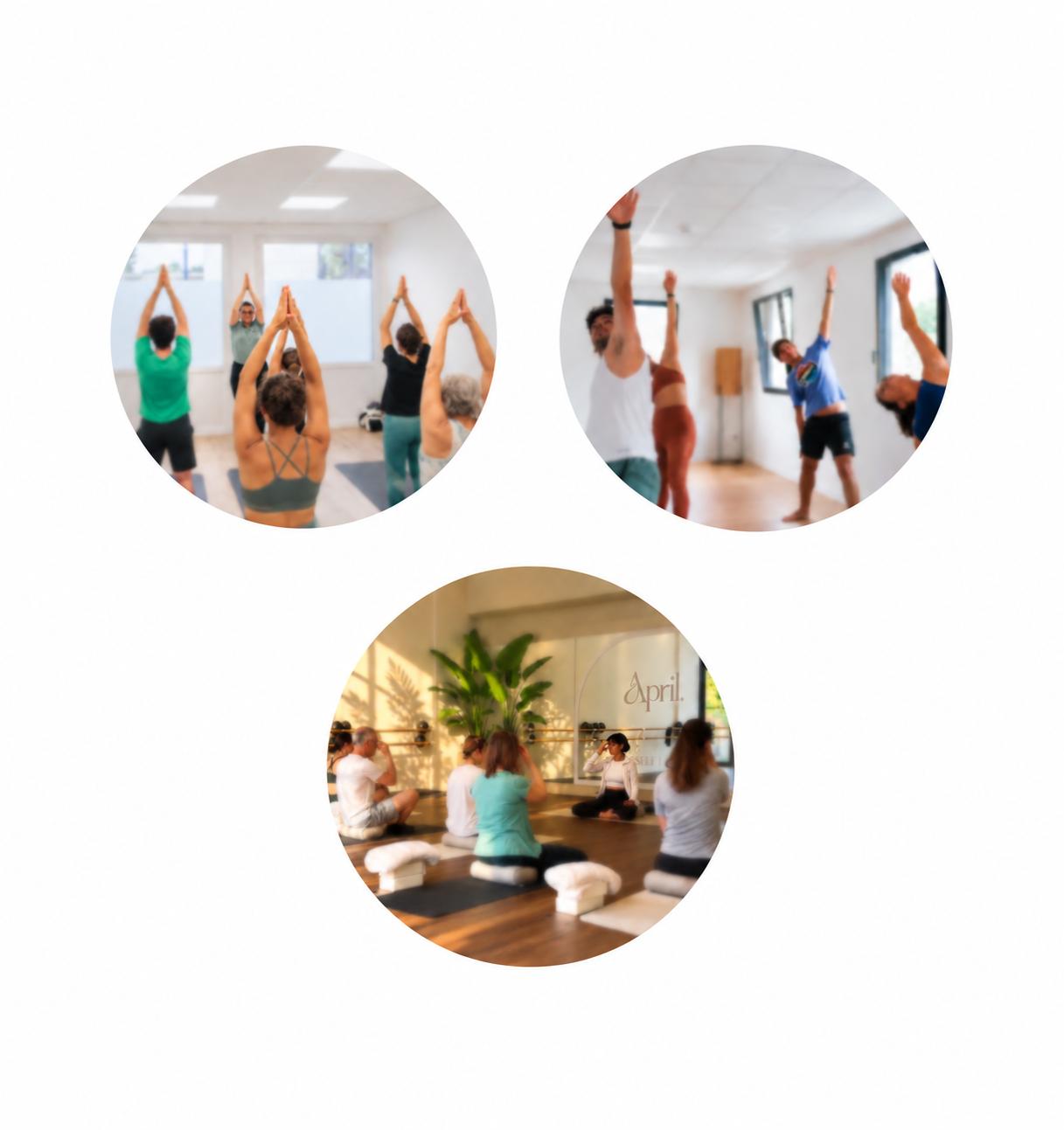 Trois vignettes rondes de cours de yoga collectifs : bras levés, étirements latéraux et respiration alternée