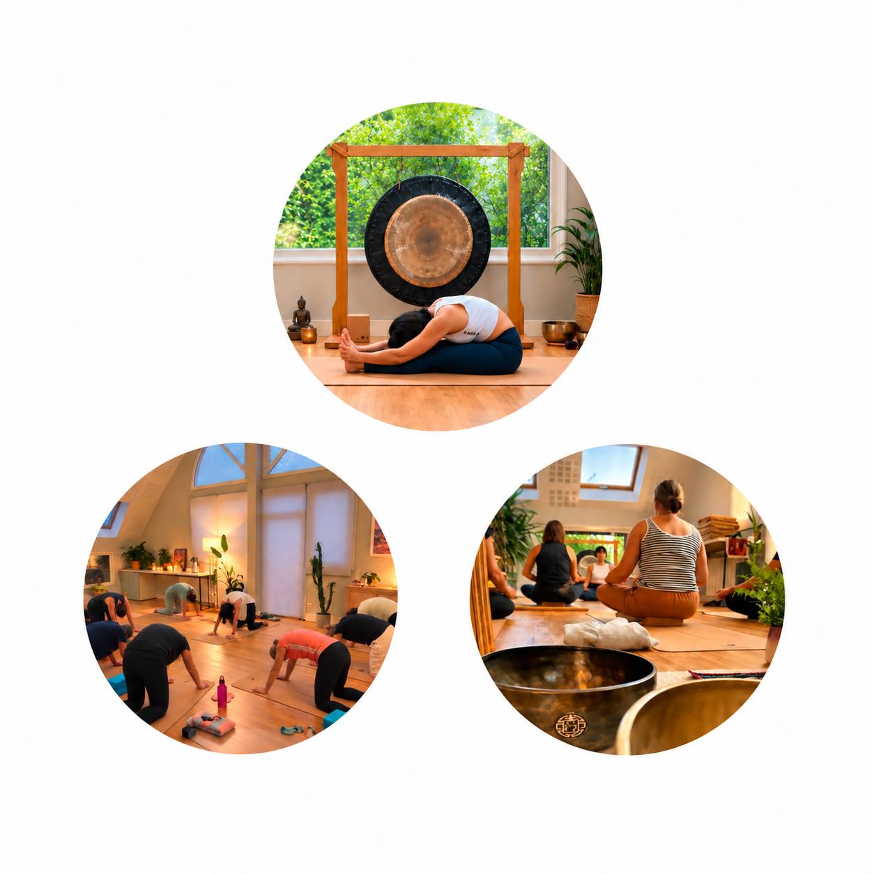Trois vignettes rondes : flexion avant devant un gong, cours en posture du chat et bols chantants
