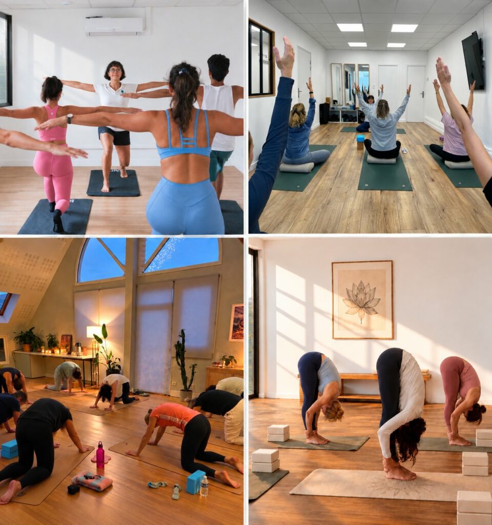 Montage de quatre cours de yoga collectifs en studio : fente bras tendus, posture assise bras levés, quatre-pattes et flexion avant