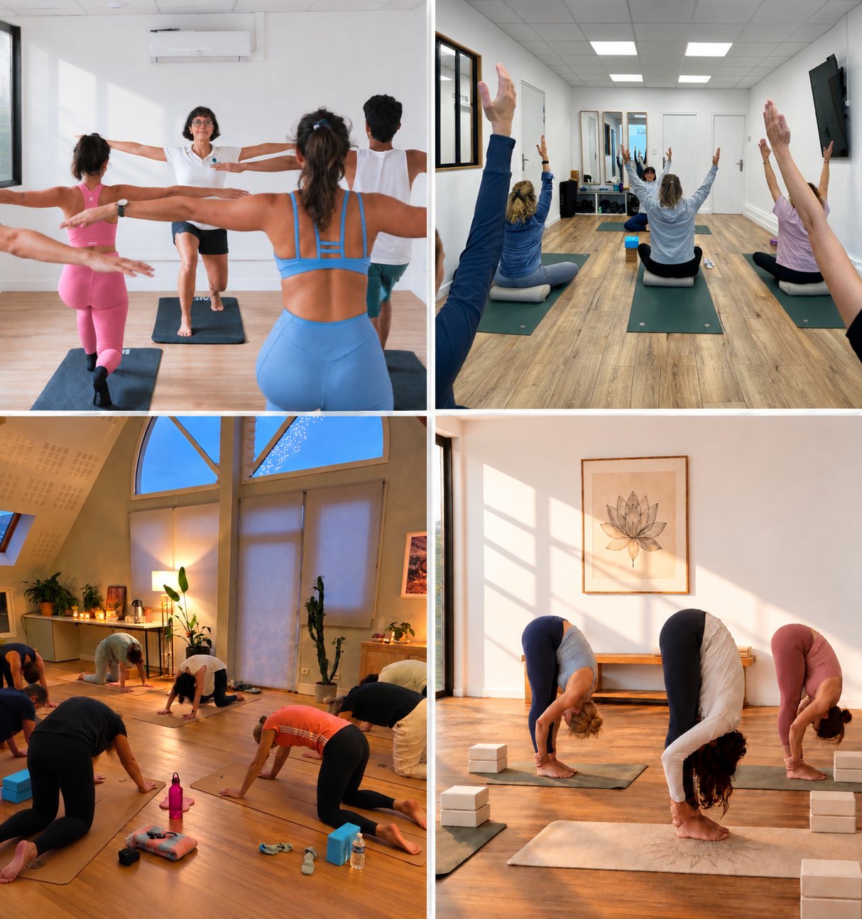 Montage de quatre cours de yoga collectifs en studio : fente bras tendus, posture assise bras levés, quatre-pattes et flexion avant